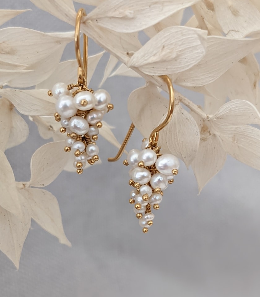 Grape Pearl Drop Earrings in gold vermeil