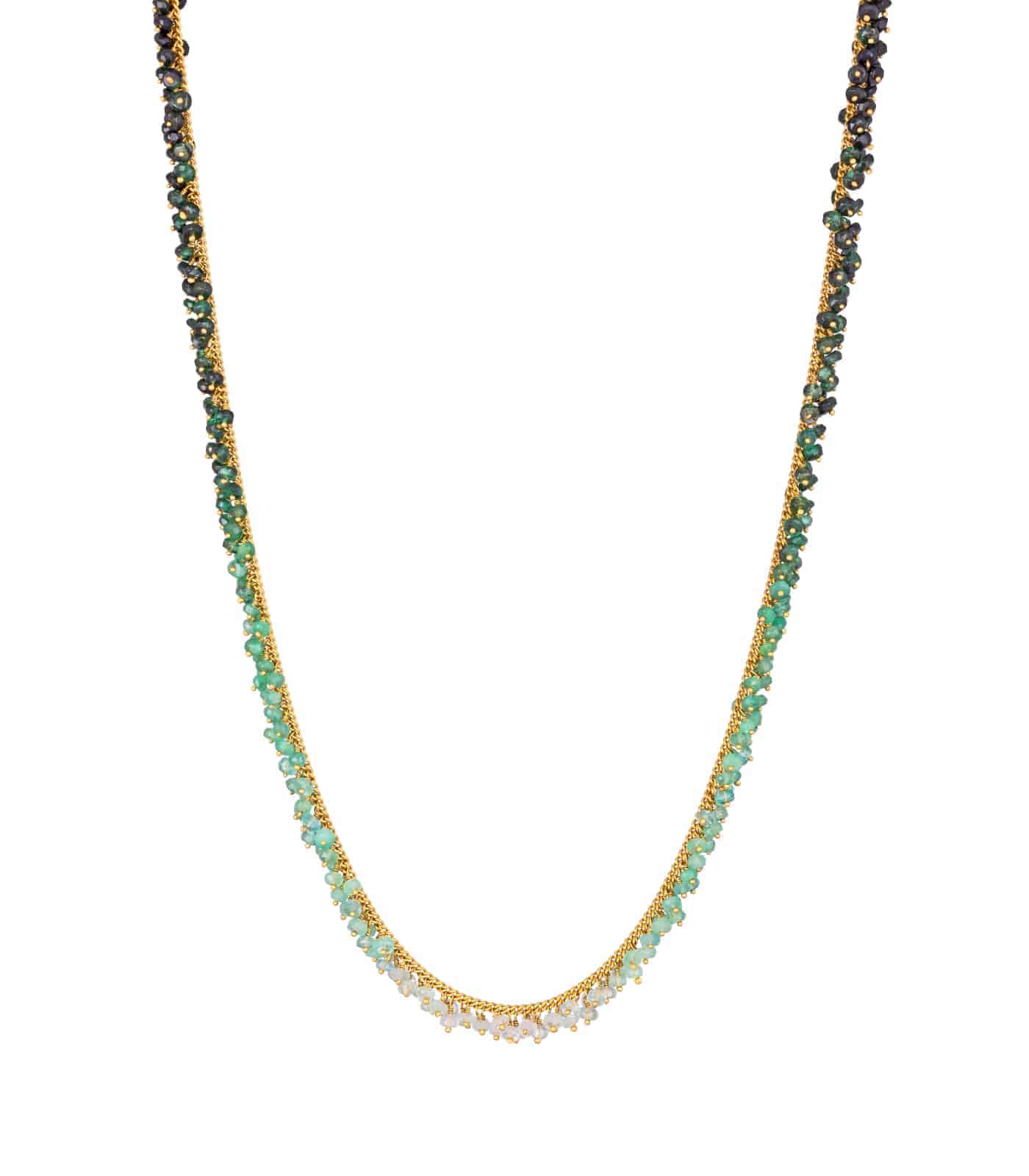 Photo of emerald beaded necklace with ombre effect on white background