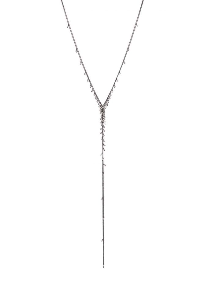 A pearl lariat necklace in oxidised silver by Bristol jeweller Kate Wood