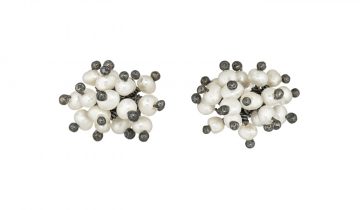 Pearl and Oxidised Silver Pompom Stud Earrings