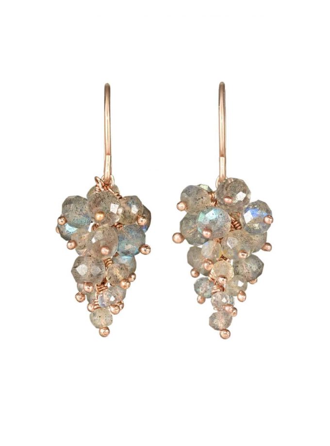 Labradorite and rose gold earrings in shape of grapes.