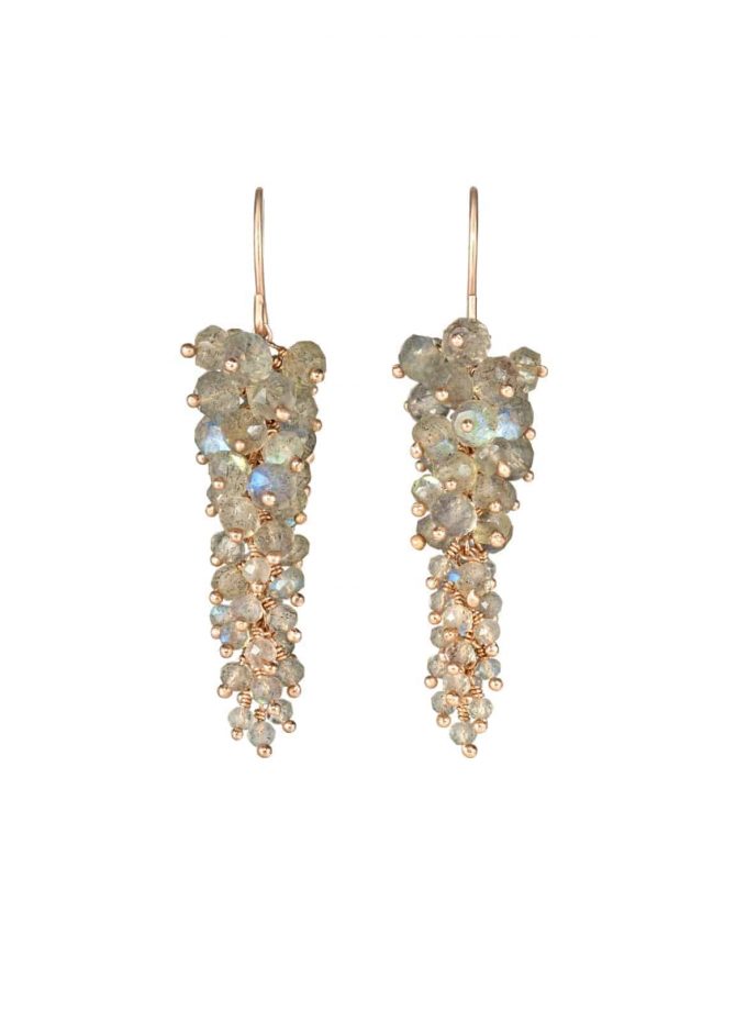 Long drop earrings with labradorite stones and rose gold