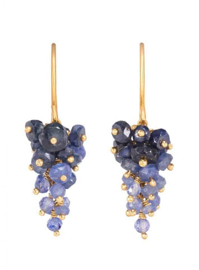 Photo of beaded sapphire earrings with gold, forming bunch of grapes shape. Photo on white background.