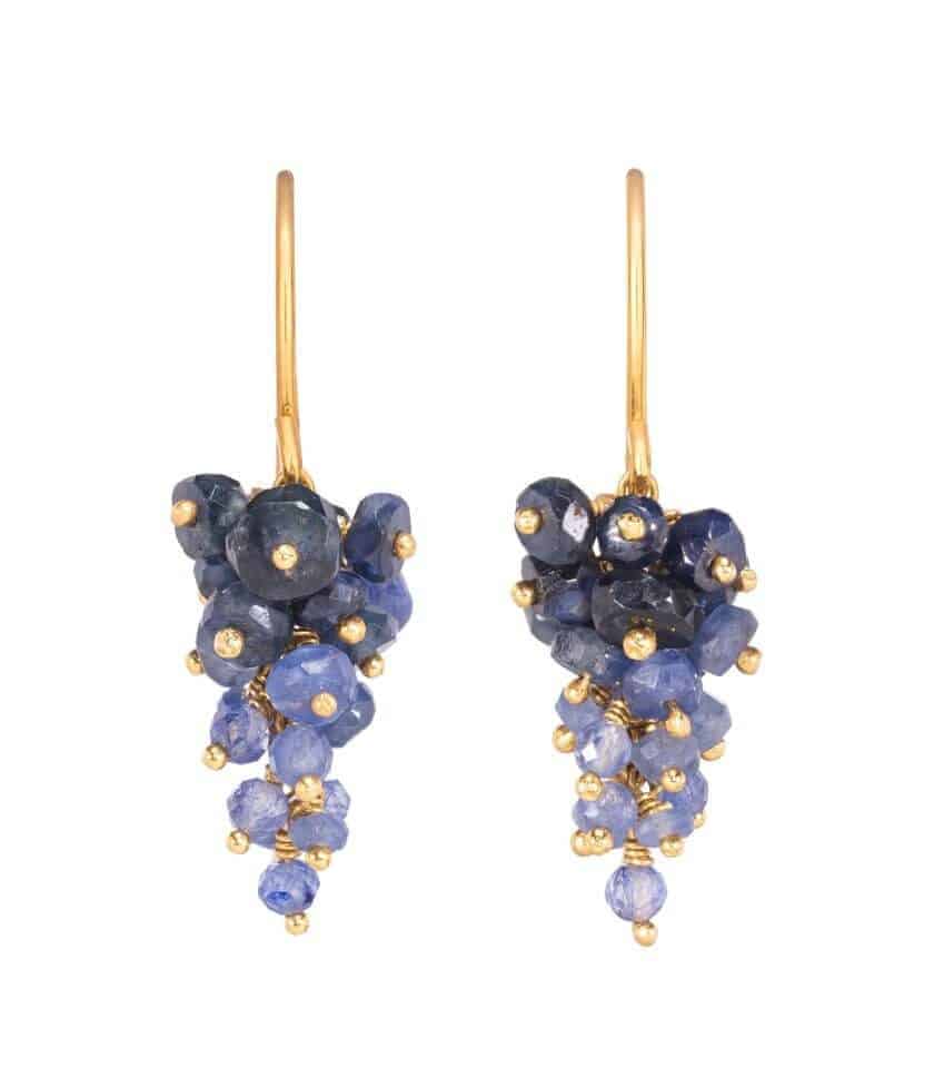 Photo of beaded sapphire earrings with gold, forming bunch of grapes shape. Photo on white background.