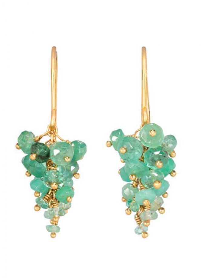 Photo of emerald beaded earrings with gold plated silver, on white background.