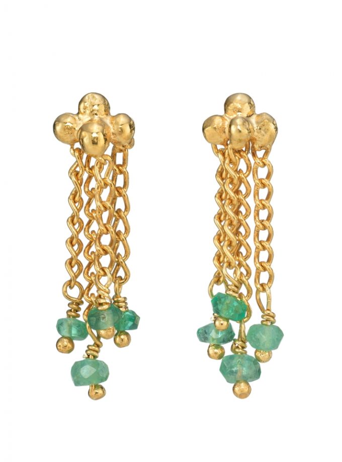 Photo of emerald bead earrings with gold chain and ball studs.