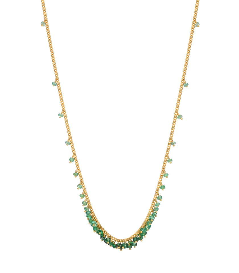 Photo of a emerald beaded necklace on gold vermeil chain.