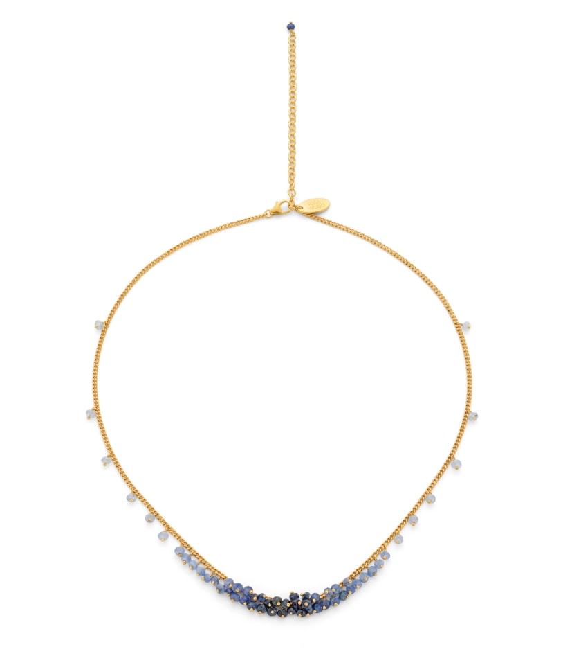 Photo of a sapphire beaded necklace on gold vermeil chain.
