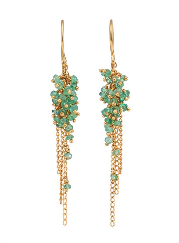 Feather Small Emerald Bead Tassel Earrings