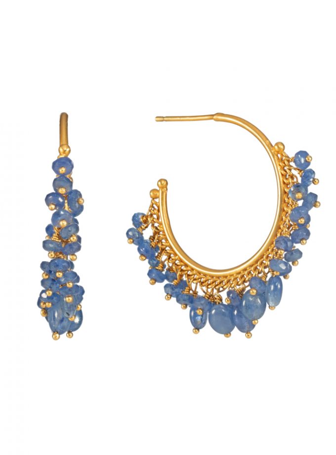 Sapphire and gold vermeil hoop earrings on a white beckground