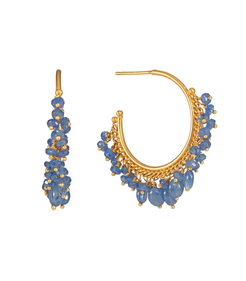 Sapphire and gold vermeil hoop earrings on a white beckground