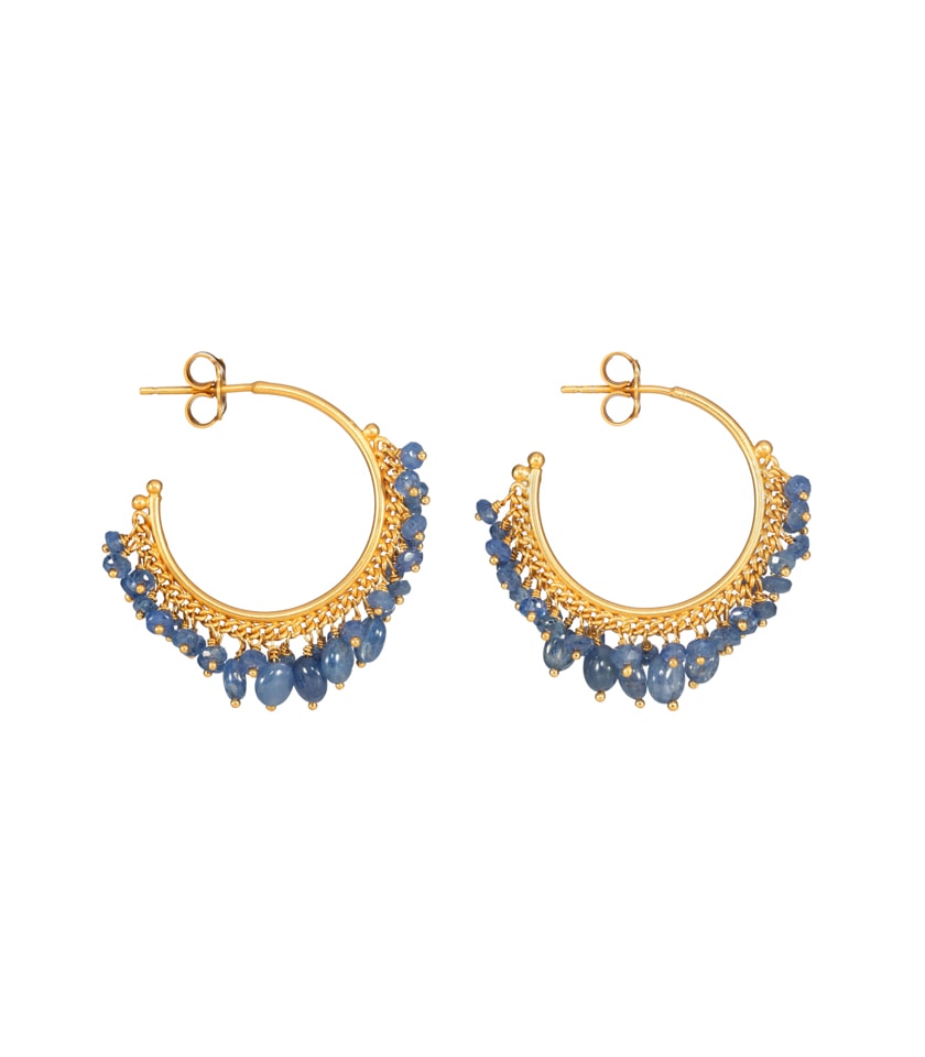 A pair of blue sapphire and gold plated silver hoop earrings