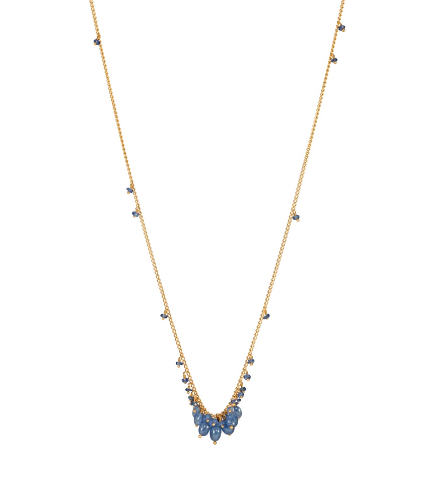 A gold plated silver chain necklace with blue sapphire beads