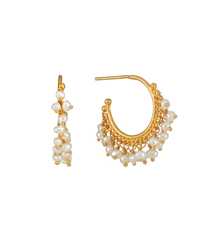 A pair of gold vermeil hoop earrings with pearl drops