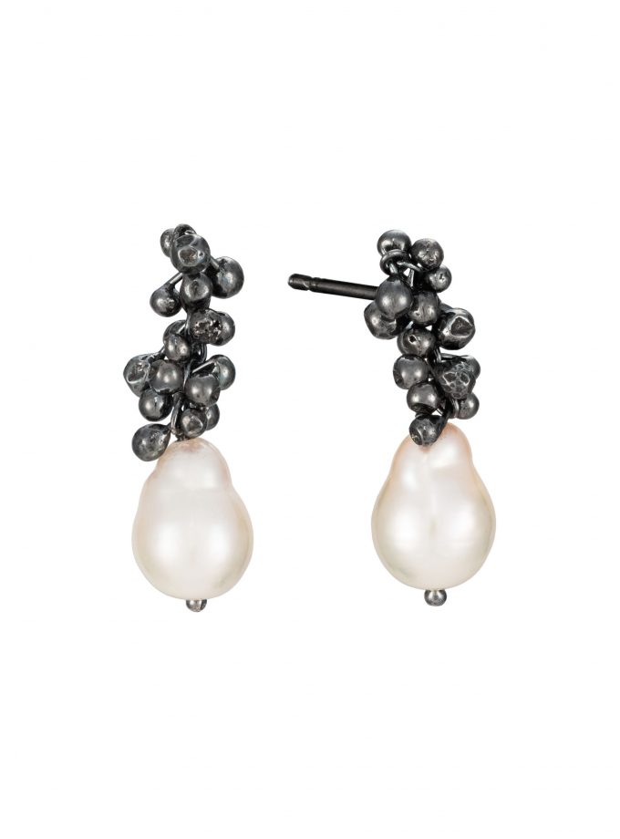 Pearl Drop Stud Earrings in Oxidised Silver